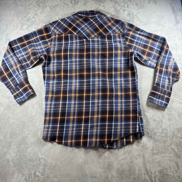 Wrangler Mens Blue Brown Plaid Western Pearl Snap Flannel Shirt Large Long Slv - Picture 9 of 9